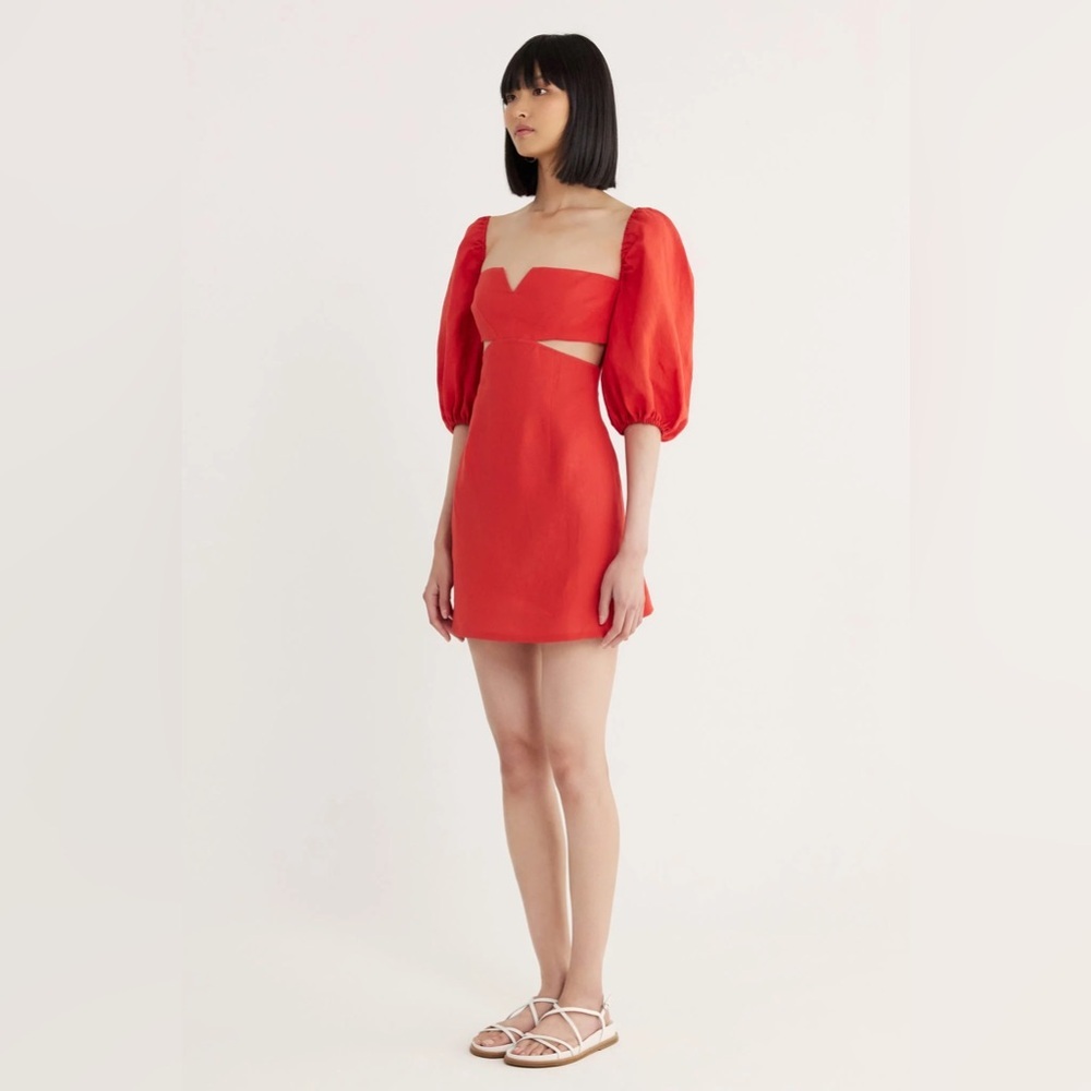 Rumer the Label NWT Freya Mini Linen Puff Sleeve Cutout Dress Tuscany Sz L $269